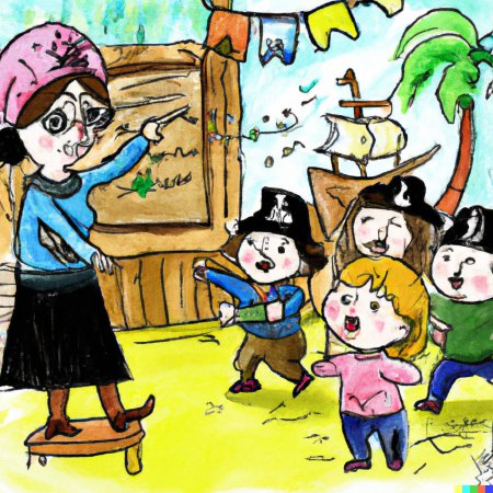 Children playing pirates calling a kindergarten teacher