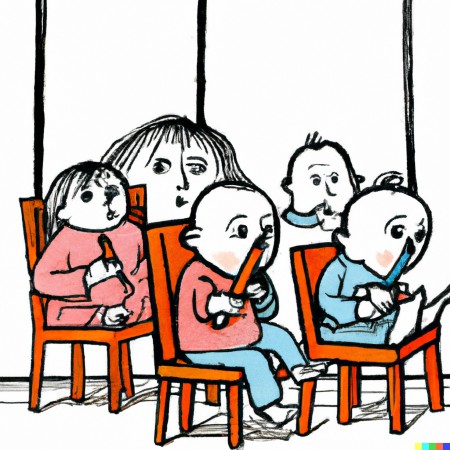 A caricature of babies sitting in a classroom
