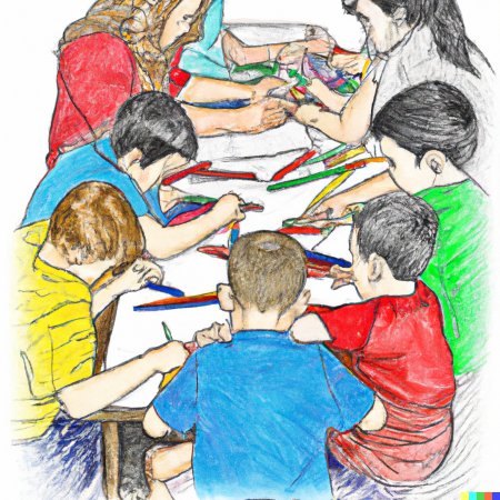 A drawing of a small group of children learning around a table