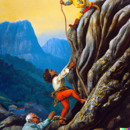 A child climbing a mountain effortfully, and an adult supporting him slightly