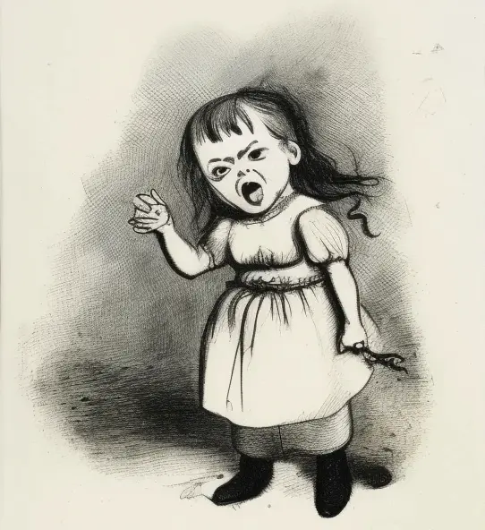 A furious young girl, illustrain in the style of Tenniel