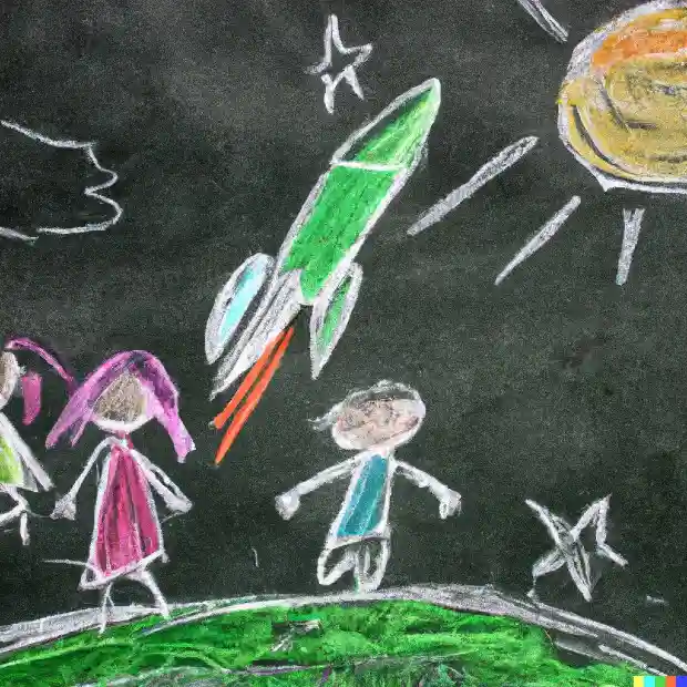 Chalk drawing of children watching a rocket