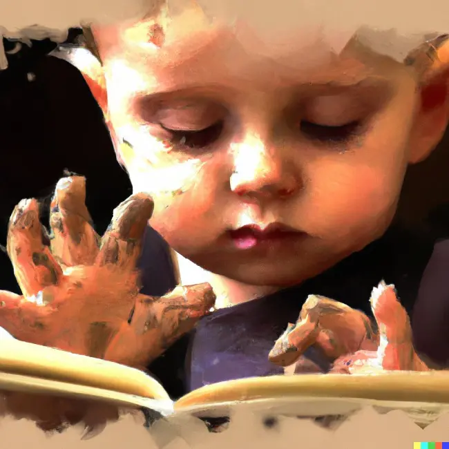 A toddler with muddy hands reads a book