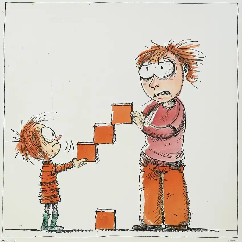 A caricature of a boy and a parent frustrated when building with wooden blocks